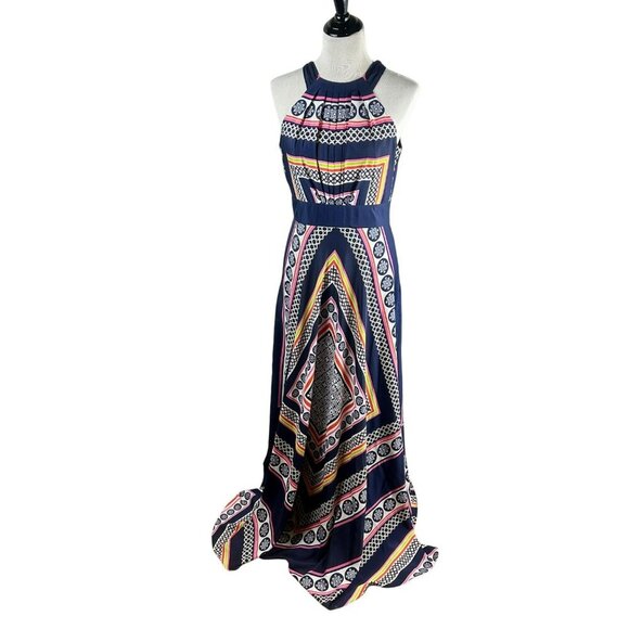 Eliza J Scarf Print Maxi Dress Women 6 Navy Blue Halter A Line Event Party Print - Picture 1 of 13